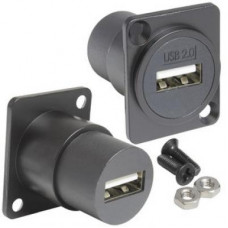 Панельный модуль (переходник) передачи данных USB RUICHI USB 2.0 A(F)-A(F) PS, прямой порт USB, 5В, 0.5 А, крепление винты/саморезы, корпус из цинка, цвет черный