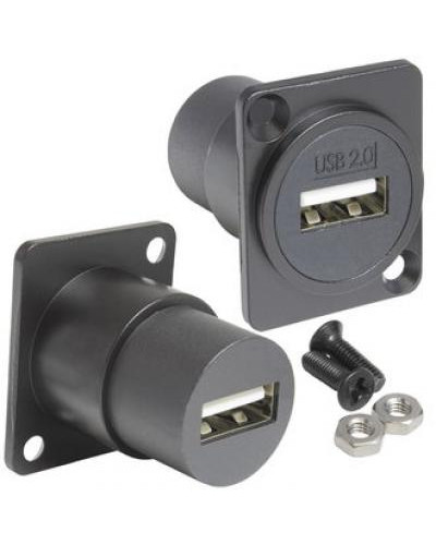 Панельный модуль (переходник) передачи данных USB RUICHI USB 2.0 A(F)-A(F) PS, прямой порт USB, 5В, 0.5 А, крепление винты/саморезы, корпус из цинка, цвет черный