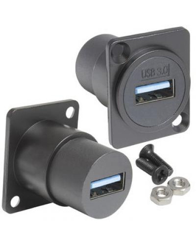 Панельный модуль (переходник) передачи данных USB RUICHI USB 3.0 A(F)-A(F) PS, прямой порт USB, 5В, 0.5 А, крепление винты/саморезы, корпус из цинка, цвет черный