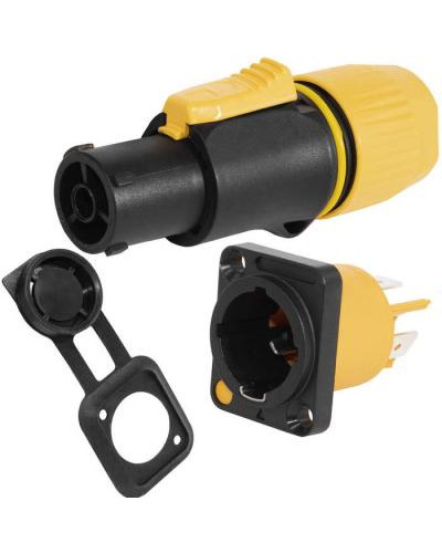Разъем питания с фиксатором RUICHI NAC3FX-W-R, 3 контакта, 16 А, 250 В, 3 мОм, на панель, крепление корпуса винтовое, корпус PA66, черный/желтый