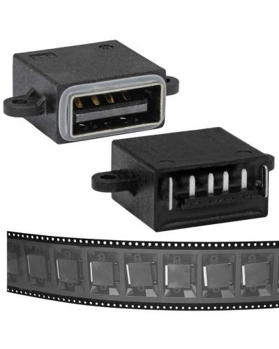 Разъём USBA-4F C IPX8-002, 4 контакта, 1.5 А, 30 В, корпус пластиковый черный с проушинами под крепление