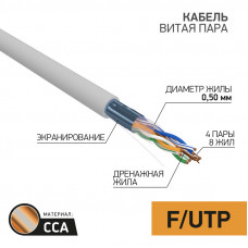 Кабель витая пара омедненный, F/UTP, CAT 5e, PVC, 4PR, 24AWG, INDOOR, SOLID, серый, 50м, PROconnect