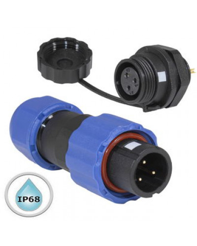Герметичный разъем (комплект) с заглушкой SZC 28 3P-M-FB, вилка-розетка, 3 контакта, диаметр входящего кабеля 6.5 мм, IP68, 5 А, 250 В, корпус PA66 UL94V-0, черный, накидные гайки синие