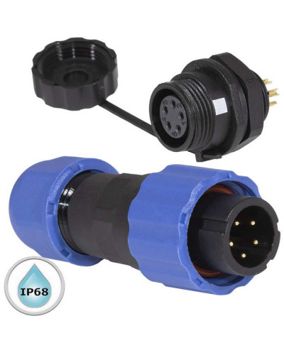 Герметичный разъем (комплект) с заглушкой SZC 28 5P-M-FB, вилка-розетка, 5 контактов, диаметр входящего кабеля 6.5 мм, IP68, 5 А, 250 В, корпус PA66 UL94V-0, черный, накидные гайки синие
