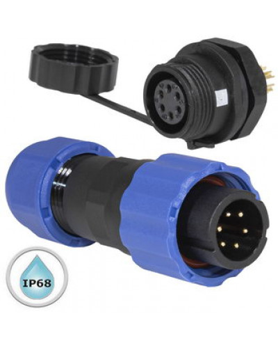Герметичный разъем (комплект) с заглушкой SZC 28 6P-M-FB, вилка-розетка, 6 контактов, диаметр входящего кабеля 6.5 мм, IP68, 5 А, 250 В, корпус PA66 UL94V-0, черный, накидные гайки синие