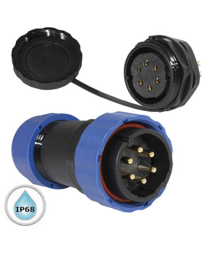 Герметичный разъем (комплект) с заглушкой SZC 28 6P-M-FB, вилка-розетка, 6 контактов, диаметр входящего кабеля 15 мм, IP68, 5 А, 250 В, корпус PA66 UL94V-0, черный, накидные гайки синие