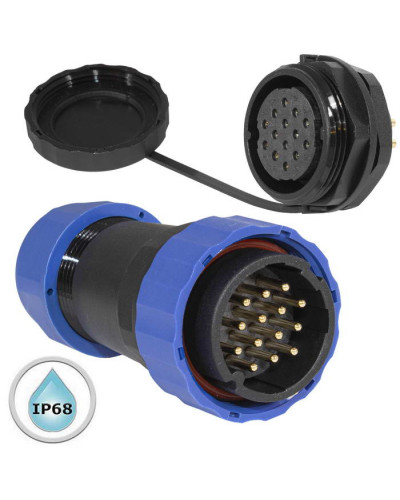 Герметичный разъем (комплект) с заглушкой SZC 28 14P-M-FB, вилка-розетка, 14 контактов, диаметр входящего кабеля 15 мм, IP68, 5 А, 250 В, корпус PA66 UL94V-0, черный, накидные гайки синие