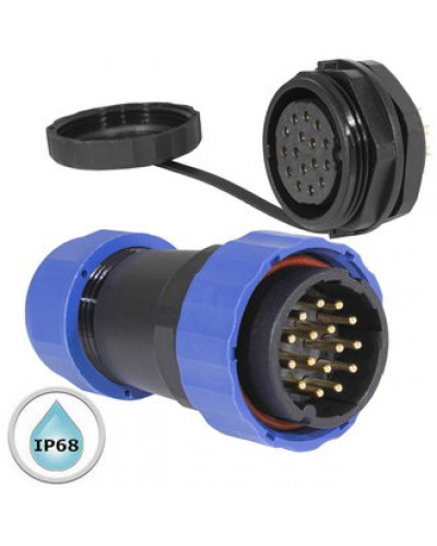 Герметичный разъем (комплект) с заглушкой SZC 28 16P-M-FB, вилка-розетка, 16 контактов, диаметр входящего кабеля 15 мм, IP68, 5 А, 250 В, корпус PA66 UL94V-0, черный, накидные гайки синие