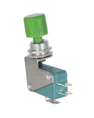 Микропереключатель с кнопкой RUICHI KW3-02-01, 44х13х41 мм, зеленая кнопка, диаметр 13 мм, ON-(ON), SPDT 3P, 250 В, 5 А, 30 мОм, -25...+85 °C