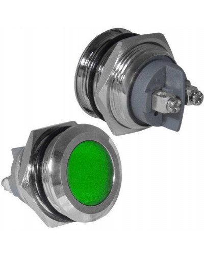 Индикатор антивандальный RUICHI GQ19SF-G, цвет зеленый, точечный излучатель, 12-24 В, 15 мА, гибкие выводы, никелированная латунь