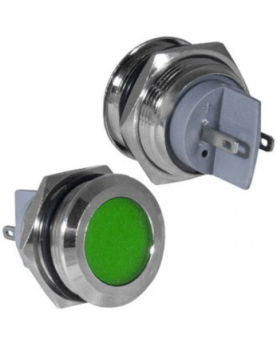 Индикатор антивандальный RUICHI GQ16PF-G, цвет зеленый, точечный излучатель, 12-24 В, 15 мА, гибкие выводы, никелированная латунь