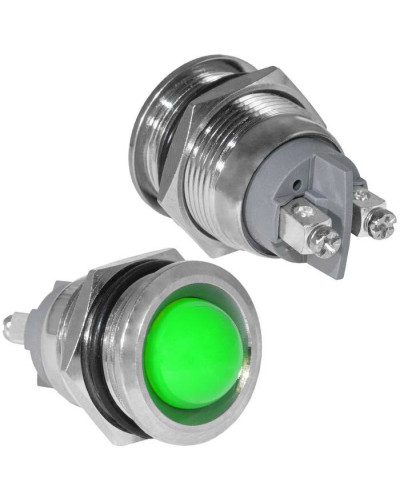 Индикатор антивандальный RUICHI GQ19SR-G, цвет зеленый, точечный излучатель, 12-24 В, 15 мА, гибкие выводы, никелированная латунь