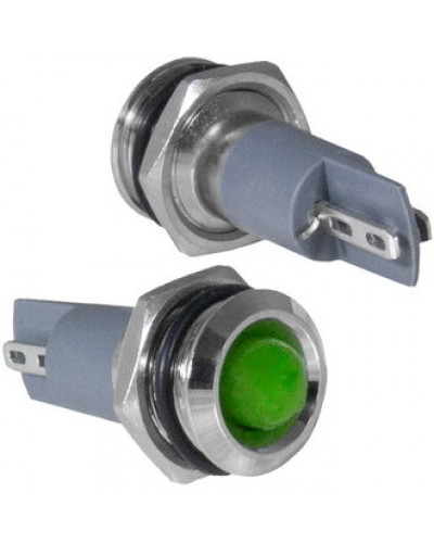 Индикатор антивандальный RUICHI GQ10PR-G, цвет зеленый, точечный излучатель, 12-24 В, 15 мА, гибкие выводы, никелированная латунь