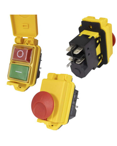 Кнопочный переключатель RUICHI AELA-22-R, 57х53х32 мм, 5 контактов под ножевую клемму, 15 А, IP55, 250 В, корпус пластиковый, корпус черный/желтый, кнопка красная/зеленая