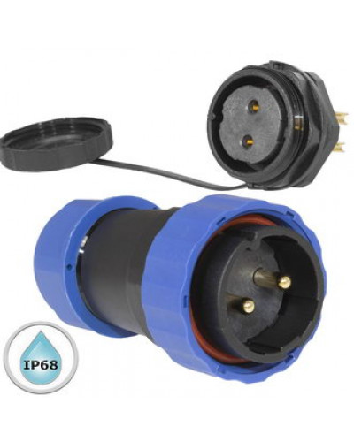 Герметичный разъем (комплект) с заглушкой SZC 28 2P-M-FB, вилка-розетка, 2 контакта, диаметр входящего кабеля 15 мм, IP68, 5 А, 250 В, корпус PA66 UL94V-0, черный, накидные гайки синие