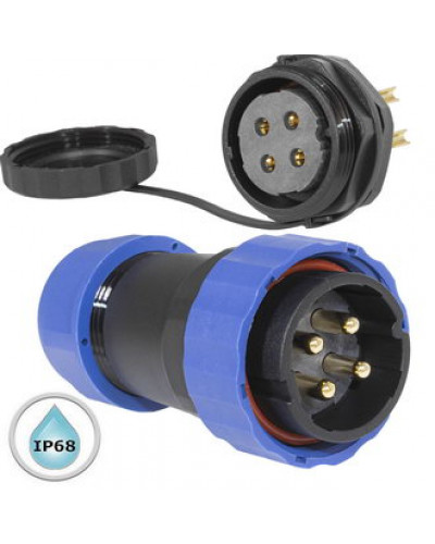 Герметичный разъем (комплект) с заглушкой SZC 28 4P-M-FB, вилка-розетка, 4 контакта, диаметр входящего кабеля 15 мм, IP68, 5 А, 250 В, корпус PA66 UL94V-0, черный, накидные гайки синие
