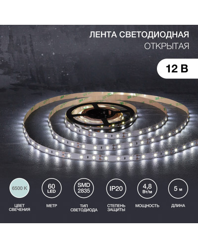 Лента светодиодная 12В, SMD2835, 4,8Вт/м, 60 LED/м, 6500К, 8мм, 5м, для БП с клеммами, IP20 LAMPER