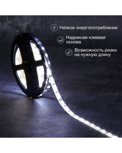 Лента светодиодная 12В, SMD5050, 14,4Вт/м, 60 LED/м, 6500К, 10мм, 3м, для БП с клеммами, IP65 LAMPER