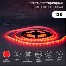 Лента светодиодная 12В, SMD2835, 60 LED/м, красный, 8мм, 5м, IP65 LAMPER