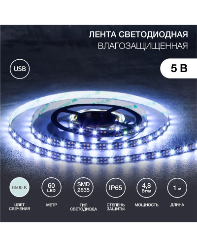 Лента светодиодная 5В, SMD2835, 4,8Вт/м, 60 LED/м, 6500K, 8мм, 1м, с USB коннектором, черная, IP65 LAMPER