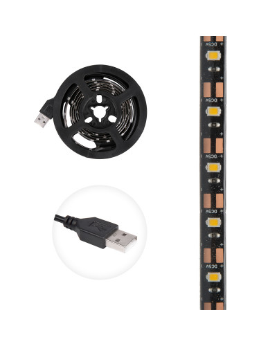 Лента светодиодная 5В, SMD2835, 4,8Вт/м, 60 LED/м, 3000K, 8мм, 1м, с USB коннектором, черная, IP65 LAMPER