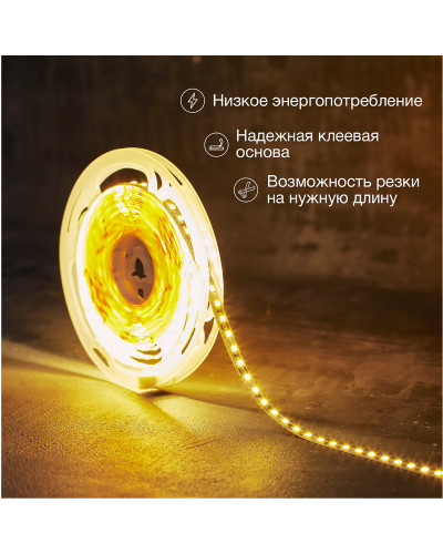 Лента светодиодная 12В, SMD2835, 9,6Вт/м, 120 LED/м, 3000K, 8мм, 5м, IP20 LAMPER