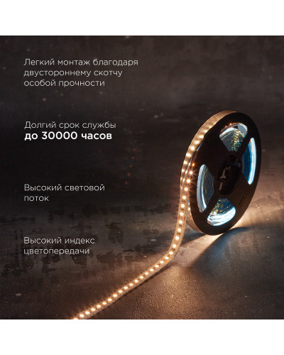 Лента светодиодная 24В, SMD2835, 9,6Вт/м, 120 LED/м, 3000K, 10мм, 5м,IP20 REXANT