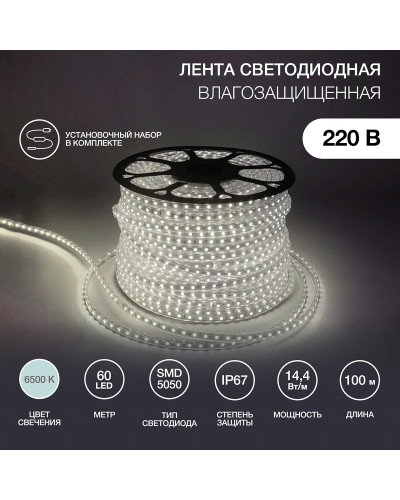 Лента светодиодная 220В, SMD5050, 14,4Вт/м, 60 LED/м, Холодный белый, 13х8мм, 100м, с кабелем питания, IP67 NEON-NIGHT