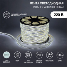 Лента светодиодная 220В, SMD2835, 180 LED/м, Холодный белый, 6,5x17мм, 100м, с кабелем питания, IP67 NEON-NIGHT