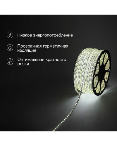 Лента светодиодная 220В, SMD3014, 9,6Вт/м, 120 LED/м, Холодный белый, 6х10,6мм, 100м, с кабелем питания, IP67 NEON-NIGHT