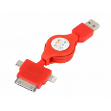 USB кабель-рулетка 3 в 1 для iPhone 5/microUSB/iPhone 4 красный
