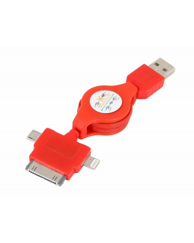 USB кабель-рулетка 3 в 1 для iPhone 5/microUSB/iPhone 4 красный