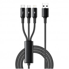 Кабель USB 3в1 Type-С (6A), Lightning (2,4A), micro USB (3A) 1,2м, в черной оплетке, со световой индикацией REXANT