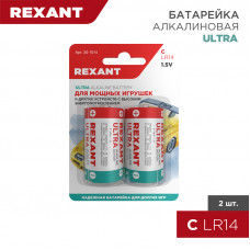 Батарейка алкалиновая С/LR14, 1,5В, 2 шт, блистер REXANT