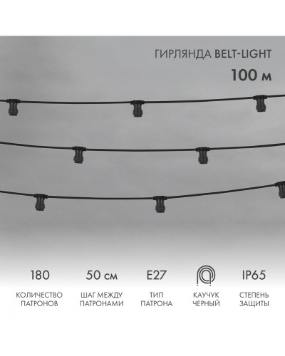 Гирлянда Belt-Light 2 жилы, 100м, шаг 50см, 180 патронов E27, IP65, черный провод NEON-NIGHT
