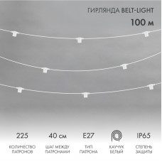 Гирлянда Belt-Light 2 жилы, 100м, шаг 40см, 225 патронов Е27, IP65, под винт, белый круглый провод  NEON-NIGHT