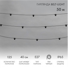 Гирлянда Belt-Light 2 жилы, 50м, шаг 40см, 125 патронов E27, IP65, черный круглый провод NEON-NIGHT