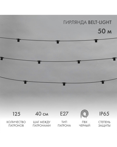 Гирлянда Belt-Light 2 жилы, 50м, шаг 40см, 125 патронов E27, IP65, черный круглый провод NEON-NIGHT