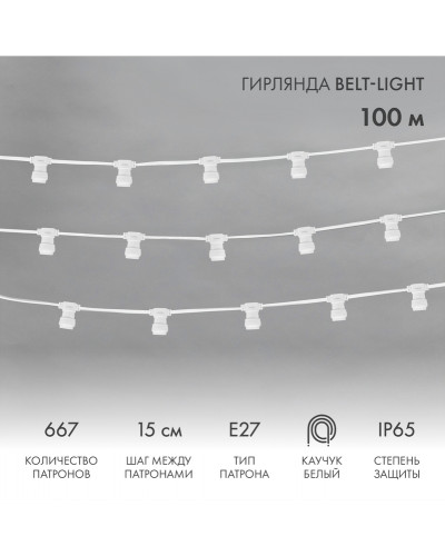 Гирлянда Belt-Light 2 жилы, 100м, шаг 15см, 667 патронов E27, IP65, белый провод NEON-NIGHT