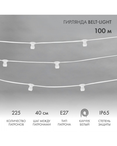 Гирлянда Belt-Light 2 жилы, 100м, шаг 40см, 225 патронов E27, IP65, белый провод NEON-NIGHT