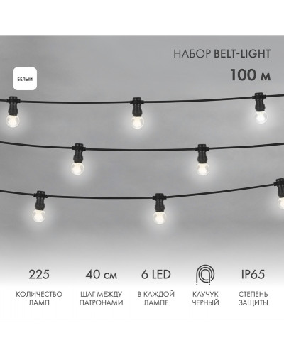 Набор ЕВРО Belt-Light 2 жилы, 100м, шаг 40см, 225 LED ламп, цвет свечения белый, 45мм (6 LED) NEON-NIGHT
