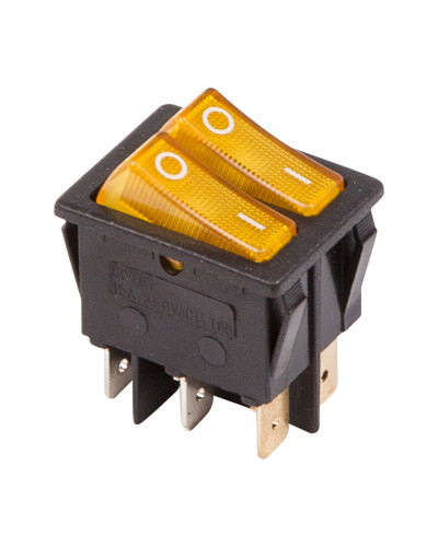 Выключатель клавишный 250V 15А (6с) ON-OFF желтый с подсветкой ДВОЙНОЙ (RWB-511, SC-797) REXANT