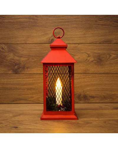 Декоративный фонарь со свечкой, красный корпус, размер 13,5х13,5х30,5 см, цвет ТЕПЛЫЙ БЕЛЫЙ