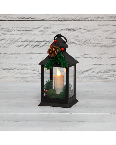 Декоративный фонарь со свечкой и шишкой, черный корпус, размер 10,7x10,7x23,5 см, цвет теплый белый