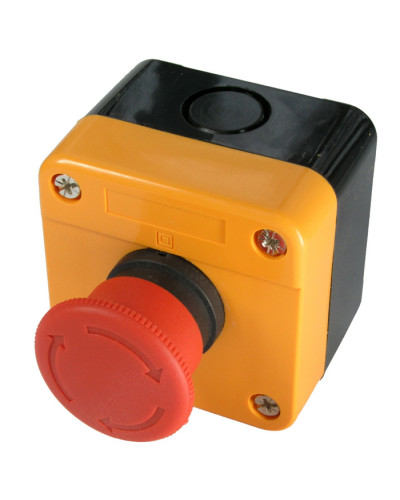 Кнопочный пост RUICHI GB2-J174, NC-NO с возвратно-поворотным толкателем - аварийная остановка электрооборудования, IP40/IP65, 10 А, 68х68 мм, открытой установки, черный/оранжевый, кнопка красная