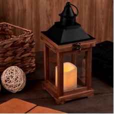 Декоративный фонарь со свечкой, корпус из дерева, размер 14х14х35cм, цвет теплый белый
