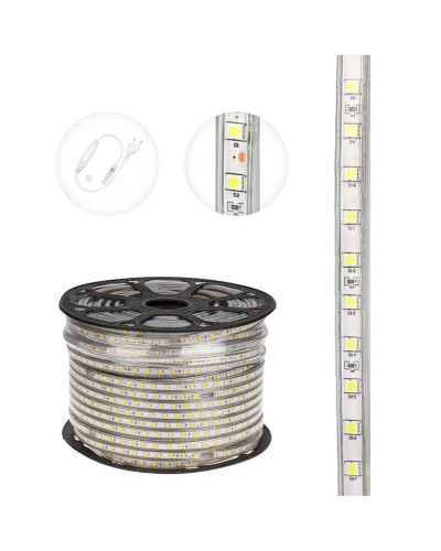 Лента светодиодная 220В, SMD5050, 14,4Вт/м, 60 LED/м, Холодный белый, 13х8мм, 100м, с кабелем питания, IP67 NEON-NIGHT