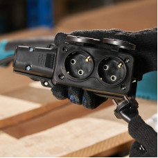 Розетка (колодка) влагозащищенная с крышкой 2 гнезда, с/з, 16А, IP54, каучук, черная REXANT