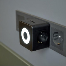 Двойник электрический Куб 16А с/з + 2хUSB-A 2,4А + USB Type-C 3А с ночной подсветкой, черный REXANT