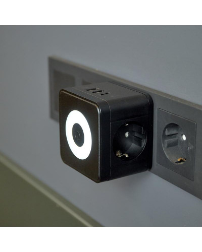 Двойник электрический Куб 16А с/з + 2хUSB-A 2,4А + USB Type-C 3А с ночной подсветкой, черный REXANT